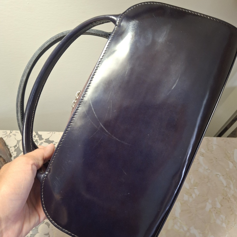 Y2K Vtg Longchamp Eggplant Patent Leather Suede Double Handle Bag Classic Luxury - Picture 8 of 11